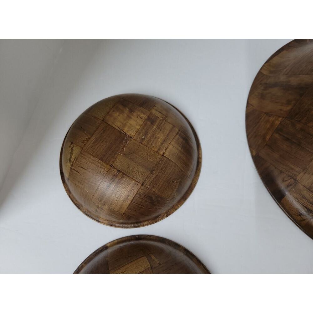 Vtg Mid-Century Wooden Weavewood Salad Brown Partial Bowl Set Kitchen Decor - Picture 8 of 10